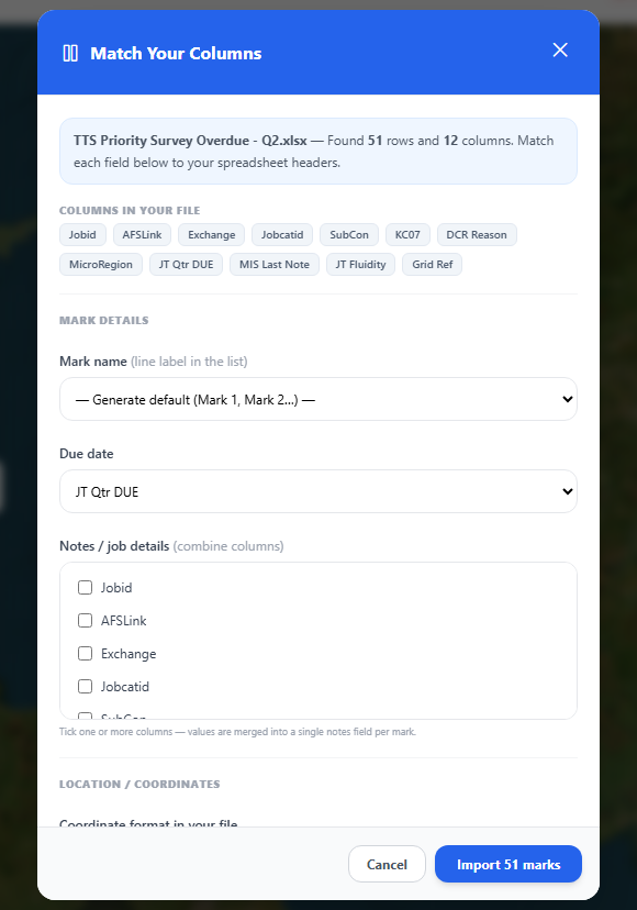 Grid Marks column mapper with Auto-detect per row for mixed grid reference and coordinate formats